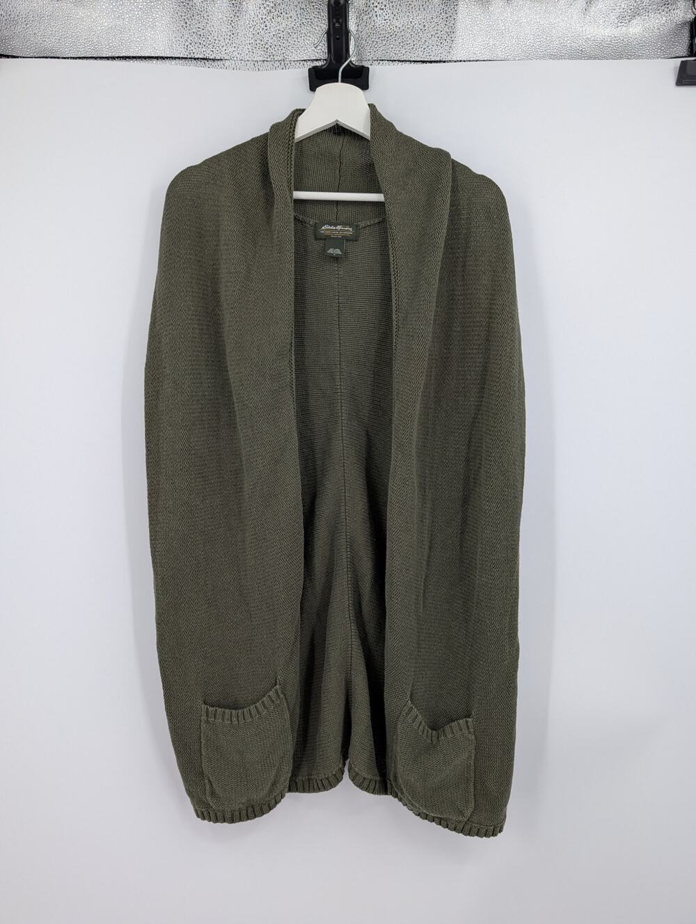 Eddie Bauer Sleeveless Linen Cotton Blend Open Front Cardigan Large Green Warm